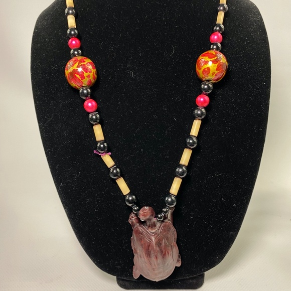Colorful Glass Beads With Carved Turtle Tortoise Pendant Statement Necklace - Picture 1 of 8
